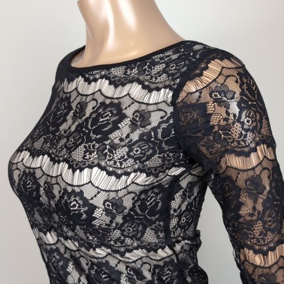 Costa Blanca Lace Illusion Dress Crop Sleeve Mini Bodycon Ballet Black White - Picture 5 of 11